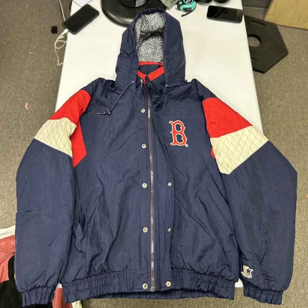 Starter Jacket Mens L Blue Boston Red Sox MLB Vintage Hooded Puffer Colorblock